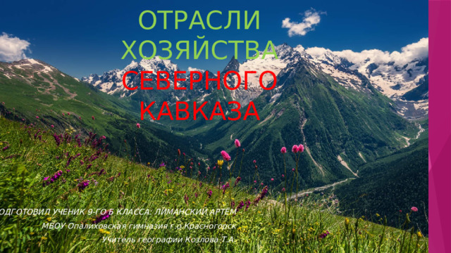 ПРЕЗЕНТАЦИЯ НА ТЕМУ:  ОТРАСЛИ ХОЗЯЙСТВА  СЕВЕРНОГО КАВКАЗА ПОДГОТОВИЛ УЧЕНИК 9-ГО Б КЛАССА: ЛИМАНСКИЙ АРТЁМ МБОУ Опалиховская гимназия г.о.Красногорск Учитель географии Козлова Т.А. 