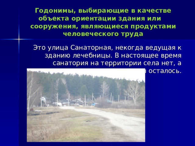 Годонимы, выбирающие в качестве объекта ориентации здания или сооружения, являющиеся продуктами человеческого труда Это улица Санаторная, некогда ведущая к зданию лечебницы. В настоящее время санатория на территории села нет, а название улицы осталось. 