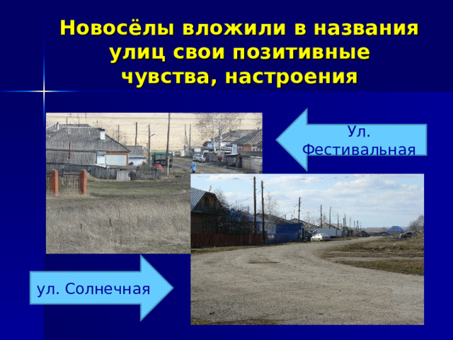 Новосёлы вложили в названия улиц свои позитивные чувства, настроения Ул. Фестивальная ул. Солнечная 