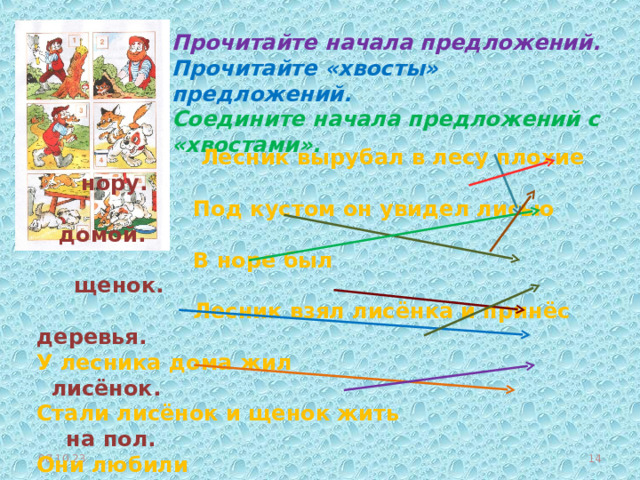 Прочитайте начала предложений. Прочитайте «хвосты» предложений. Соедините начала предложений с «хвостами».  Лесник вырубал в лесу плохие нору.  Под кустом он увидел лисью домой.  В норе был щенок.  Лесник взял лисёнка и принёс деревья. У лесника дома жил лисёнок. Стали лисёнок и щенок жить на пол. Они любили вместе. Лисёнок залезет на лавку и прыгнет играть. А щенок ищет спать. Так поиграют и лягут вместе лисёнка.  08.10.23 