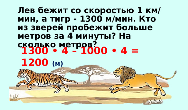 Лев бежит со скоростью 1 км/мин, а тигр - 1300 м/мин. Кто из зверей пробежит больше метров за 4 минуты? На сколько метров? 1300 • 4 – 1000 • 4 = 1200 (м) 
