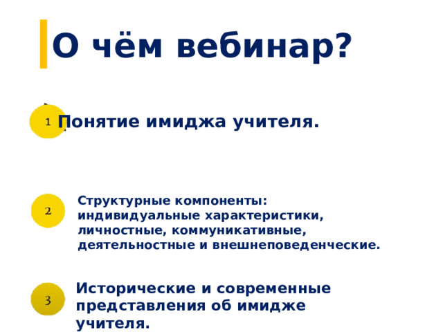О чём вебинар? Понятие имиджа учителя. Структурные компоненты: индивидуальные характеристики, личностные, коммуникативные, деятельностные и внешнеповеденческие. Исторические и современные представления об имидже учителя. 