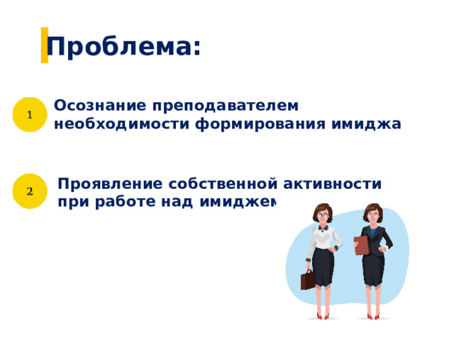 Проблема: Осознание преподавателем необходимости формирования имиджа Проявление собственной активности при работе над имиджем 