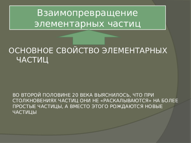 Взаимопревращение элементарных частиц ОСНОВНОЕ СВОЙСТВО ЭЛЕМЕНТАРНЫХ ЧАСТИЦ ВО ВТОРОЙ ПОЛОВИНЕ 20 ВЕКА ВЫЯСНИЛОСЬ, ЧТО ПРИ СТОЛКНОВЕНИЯХ ЧАСТИЦ ОНИ НЕ «РАСКАЛЫВАЮТСЯ» НА БОЛЕЕ ПРОСТЫЕ ЧАСТИЦЫ, А ВМЕСТО ЭТОГО РОЖДАЮТСЯ НОВЫЕ ЧАСТИЦЫ 