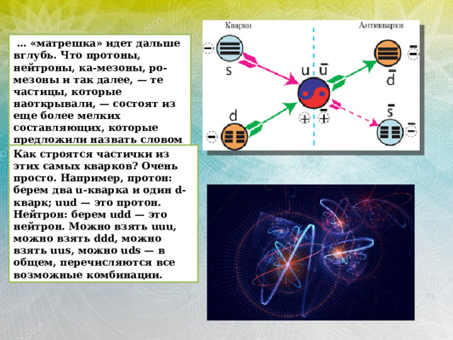 … «матрешка» идет дальше вглубь. Что протоны, нейтроны, ка-мезоны, ро-мезоны и так далее, — те частицы, которые наоткрывали, — состоят из еще более мелких составляющих, которые предложили назвать словом «кварк». Как строятся частички из этих самых кварков? Очень просто. Например, протон: берем два u-кварка и один d-кварк; uud — это протон. Нейтрон: берем udd — это нейтрон. Можно взять uuu, можно взять ddd, можно взять uus, можно uds — в общем, перечисляются все возможные комбинации. 