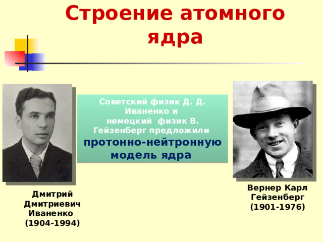 Строение атомного ядра Советский физик Д. Д. Иваненко и немецкий физик В. Гейзенберг предложили протонно-нейтронную модель ядра  Вернер Карл Гейзенберг (1901-1976) Дмитрий Дмитриевич Иваненко (1904-1994) 