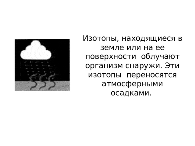 Изотопы, находящиеся в земле или на ее поверхности облучают организм снаружи. Эти изотопы переносятся атмосферными осадками. 