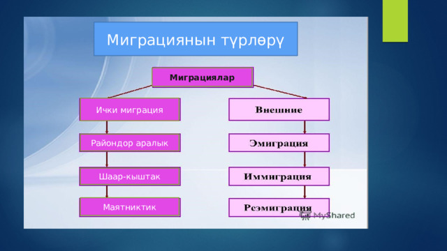 Миграция Эмиграциянын күчөгөн мезгили XIX кылымга туура келет. Эмиграциянын негизги очогу Европа болгон, ал жерде капитализмдин өсүшү менен артык баш адамдарды «сүрүп» чыгаруу процесси башталган жана алар чарбанын тез өсүшүнө байланыштуу кол күчүнө муктаж болгон кенен жерлерге барышкан. Эмиграциянын башталышынан экинчи дүйнөлүк согушка чейин Европадан 60 млн адам ал жерден көчүп кеткен. Экинчи очок Азияда байкалган. Бул жерден кытайлык жана индиялык жумушчу күчтөрү плантацияларда жана рудниктерде иштеш үчүн башка аймактарга көчүп кетишкен. Иммиграциянын негизги очоктору АКШ, Канада, Бразилия, Аргентина, Австралия, Жаны Зеландия жана Түштүк Африка болгон. 