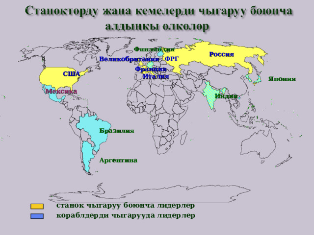 Финляндия Россия Великобритания ФРГ Франция США Италия Япония Мексика Индия Бразилия Аргентина  станок чыгаруу боюнча лидерлер кораблдерди чыгарууда лидерлер 