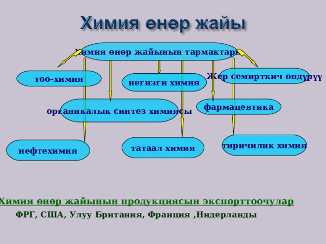 Химия өнөр жайынын тармактары Жер семирткич өндүрүү тоо-химия негизги химия органикалык синтез химиясы фармацевтика тиричилик химия татаал химия нефтехимия  Химия өнөр жайынын продукциясын экспорттоочулар ФРГ, США, Улуу Британия, Франция ,Нидерланды 