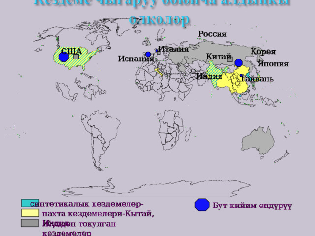 Россия Италия Корея США Китай Испания Япония Индия Тайвань синтетикалык кездемелер- Бут кийим өндүрүү пахта кездемелери-Кытай, Индия Жүндөн токулган кездемелер 