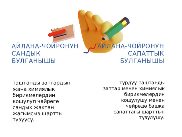 Айлана-чойронун сандык булганышы Айлана-чойронун сапаттык булганышы таштанды заттардын жана химиялык бирикмелердин кошулуп чөйрөгө сандык жактан жагымсыз шартты түзүүсү. түрдүү таштанды заттар менен химиялык бирикмелердин кошулушу менен чөйрөдө башка сапаттагы шарттын түзүлүшү. 
