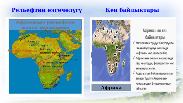 Рельефтин өзгөчөлүгү Кен байлыктары Африка 