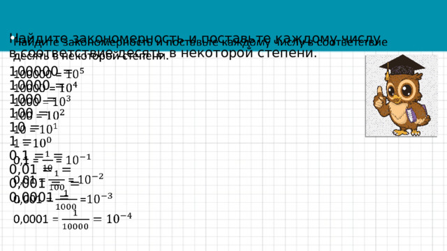 Найдите закономерность и поставьте каждому числу в соответствие десять в некоторой степени.   100000 =   10000 =   1000 =   100 =   10 =   1 =   0,1 =  =  0,01 =  =  0,001 =  =  0,0001 =  