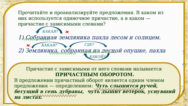 + + Прочитайте и проанализируйте предложения. В каком из них используется одиночное причастие, а в каком — причастие с зависимыми словами? 1) Собранная земляника пахла лесом и солнцем. 2) Земляника, собранная на лесной опушке, пахла лесом и солнцем. КАКАЯ? ГДЕ? КАКАЯ? КАКОЙ? Причастие с зависимыми от него словами называется ПРИЧАСТНЫМ ОБОРОТОМ. В предложении причастный оборот является одним членом предложения — определением: Чуть слышится ручей, бегущий в сень дубравы, чуть дышит ветерок, уснувший на листах.  (А. Пушкин) 