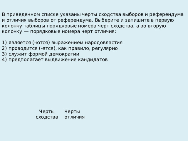 В приведенном списке указаны черты сходства выборов и референдума и отличия выборов от референдума. Выберите и запишите в первую колонку таблицы порядковые номера черт сходства, а во вторую колонку  — порядковые номера черт отличия:   1)  является (-ются) выражением народовластия 2)  проводится (-ятся), как правило, регулярно 3)  служит формой демократии 4)  предполагает выдвижение кандидатов   Черты сходства Черты отличия 