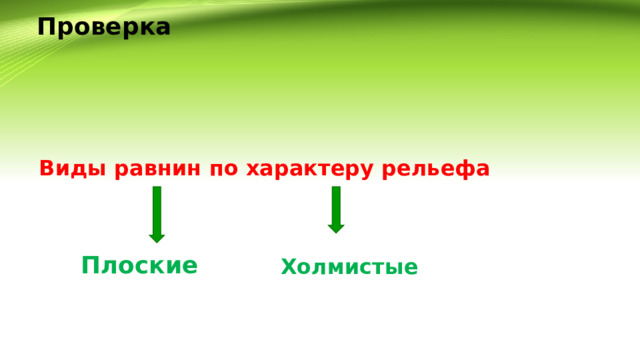 Проверка   Виды равнин по характеру рельефа Плоские  Холмистые  