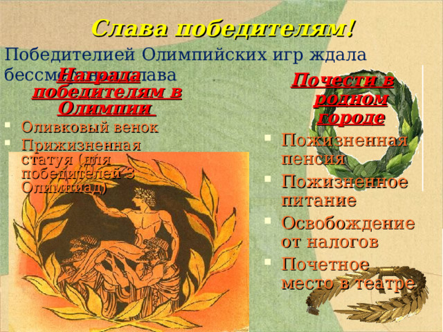 Слава победителям! Победителией Олимпийских игр ждала бессмертная слава Награда победителям в Олимпии Оливковый венок Прижизненная статуя (для победителей 3 Олимпиад) Почести в родном городе Пожизненная пенсия Пожизненное питание Освобождение от налогов Почетное место в театре  