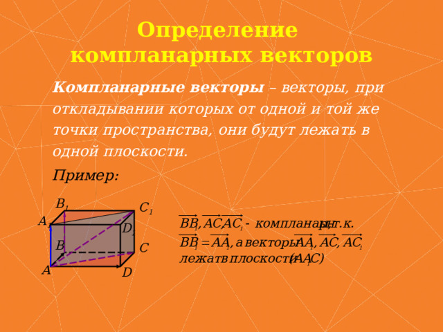 Определение  компланарных векторов Компланарные векторы – векторы, при откладывании которых от одной и той же точки пространства, они будут лежать в одной плоскости. Пример: B 1 C 1 A 1 D 1 B C А D 