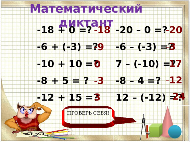 Математический диктант 20 18 -18 + 0 =? -6 + (-3) =? -10 + 10 =? -8 + 5 = ? -12 + 15 =?     -20 – 0 =? -6 – (-3) =? 7 – (-10) =? -8 – 4 =? 12 – (-12) =? 9 3   17   0  3 12  3   24 ПРОВЕРЬ СЕБЯ! 