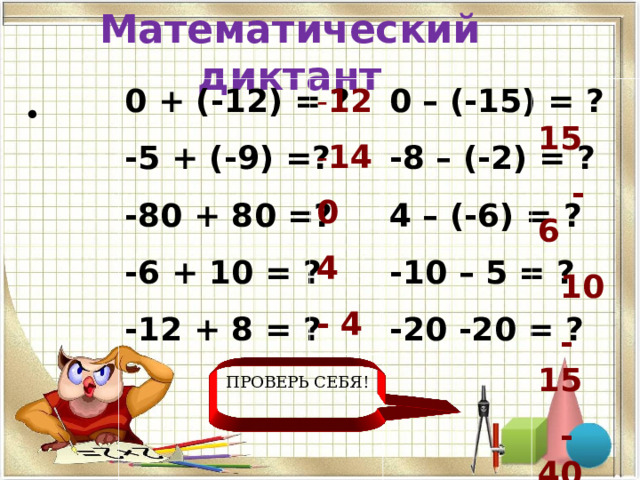 Математический диктант 12  15   - 6 0 + (-12) = ? -5 + (-9) =? -80 + 80 =? -6 + 10 = ? -12 + 8 = ?   0 – (-15) = ? -8 – (-2) = ? 4 – (-6) = ? -10 – 5 = ? -20 -20 = ?  14  10   -15   - 40  0  4  - 4 ПРОВЕРЬ СЕБЯ! 