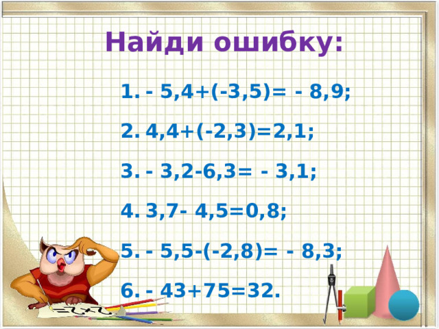  Найди ошибку: - 5,4+(-3,5)= - 8,9; 4,4+(-2,3)=2,1; - 3,2-6,3= - 3,1; 3,7- 4,5=0,8; - 5,5-(-2,8)= - 8,3; - 43+75=32.  