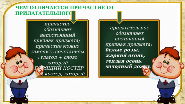 ЧЕМ ОТЛИЧАЕТСЯ ПРИЧАСТИЕ ОТ ПРИЛАГАТЕЛЬНОГО?  причастие обозначает непостоянный признак предмета; причастие можно заменить сочетанием : глагол + слово который ГОРЯЩИЙ КОСТЁР ( костёр, который горит) прилагательное обозначает постоянный признак предмета: белые розы, жаркий огонь, теплая осень, холодный дождь 2 