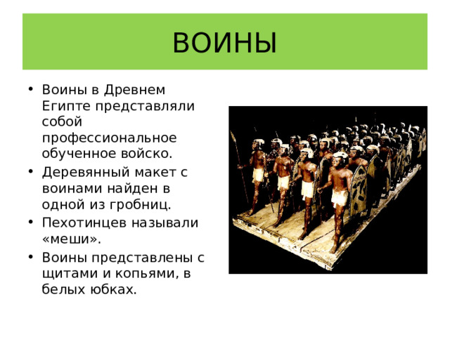ВОИНЫ Воины в Древнем Египте представляли собой профессиональное обученное войско. Деревянный макет с воинами найден в одной из гробниц. Пехотинцев называли «меши». Воины представлены с щитами и копьями, в белых юбках. 