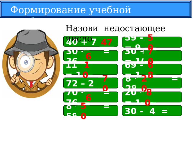 Формирование учебной проблемы Н аз ови недостающее число 40 + 7 = 59 -  = 9 47 50 30 +  = 100 30 + = 36 6 70 10 68 69 -  = 1 11 -  = 1 70 8 +  = 28 72 – 2 = 20 На примеры подключены триггеры. 80  6 70 + = 76 20 +  = 100 8 + = 58 30 - 4 = 50 13 