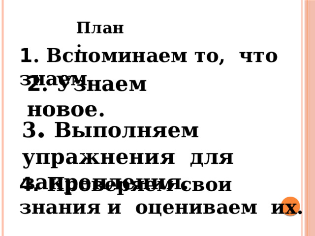  План: 1 . Вспоминаем то, что знаем. 2 . Узнаем новое. 3 . Выполняем упражнения для закрепления. 4. Проверяем свои знания и оцениваем их. 
