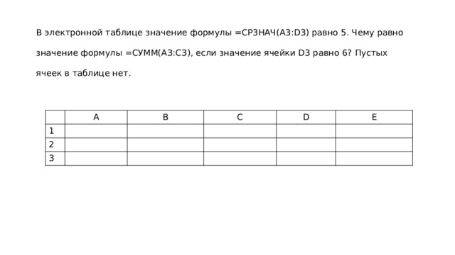 В электронной таблице значение формулы =CP3HAЧ(A3:D3) равно 5. Чему равно значение формулы =СУММ(АЗ:СЗ), если значение ячейки D3 равно 6? Пустых ячеек в таблице нет. 1 A 2 B C 3 D E 