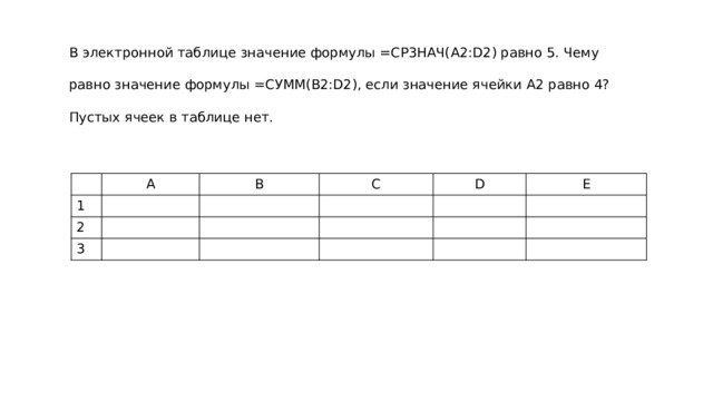 В электронной таблице значение формулы =CP3HAЧ(A2:D2) равно 5. Чему равно значение формулы =СУММ(В2:D2), если значение ячейки А2 равно 4? Пустых ячеек в таблице нет. 1 A 2 B C 3 D E 