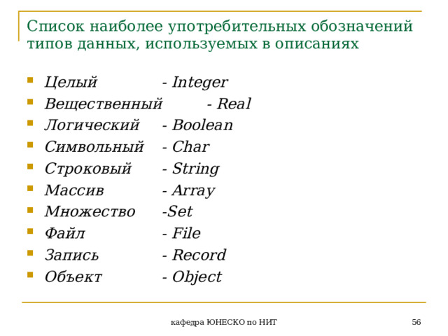Список наиболее употребительных обозначений типов данных, используемых в описаниях  Целый   - Integer  Вещественный  - Real  Логический  - Boolean  Символьный  - Char  Строковый  - String  Массив   - Array Множество  - Set  Файл   - File  Запись   - Record  Объект   - Object  кафедра ЮНЕСКО по НИТ 