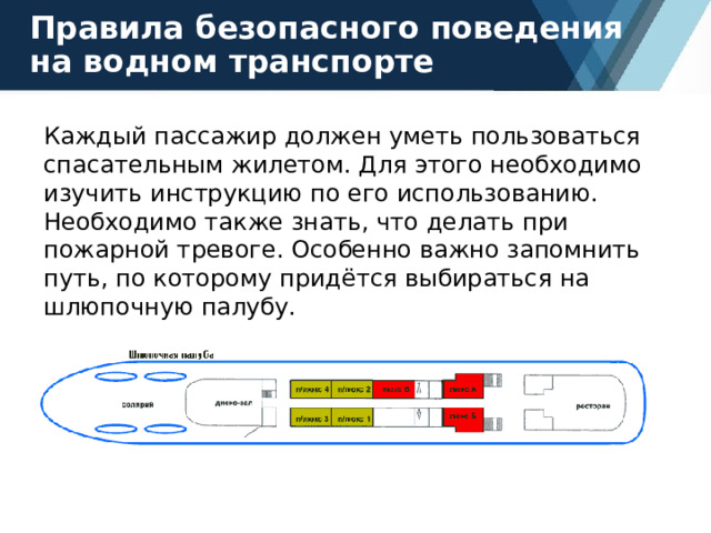 Правила безопасного поведения на водном транспорте Каждый пассажир должен уметь пользоваться спасательным жилетом. Для этого необходимо изучить инструкцию по его использованию. Необходимо также знать, что делать при пожарной тревоге. Особенно важно запомнить путь, по которому придётся выбираться на шлюпочную палубу. 