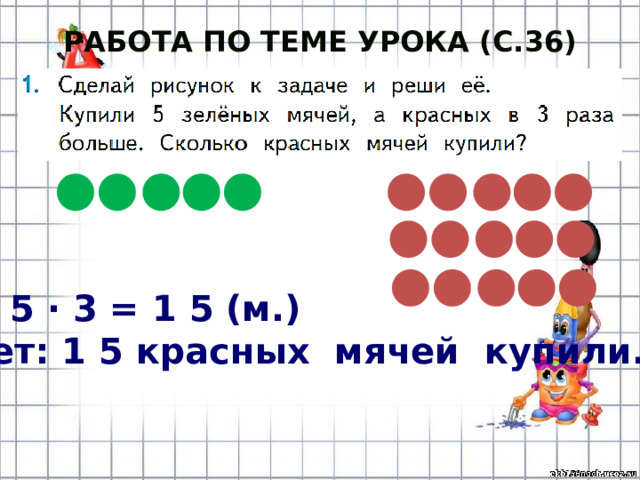 Работа по теме урока (с.36) 5 · 3 = 1 5 (м.) Ответ: 1 5 красных мячей купили. 