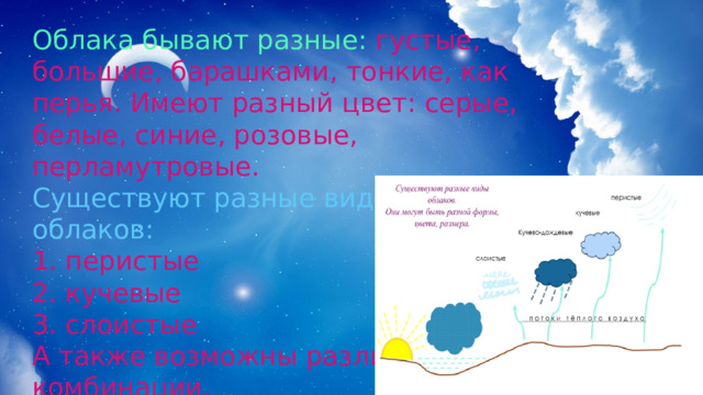 Облака бывают разные: густые, большие, барашками, тонкие, как перья. Имеют разный цвет: серые, белые, синие, розовые, перламутровые. Существуют разные виды облаков: 1. перистые 2. кучевые 3. слоистые А также возможны различные комбинации. 