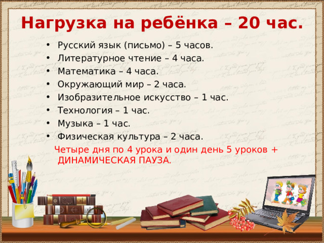 Нагрузка на ребёнка – 20 час. Русский язык (письмо) – 5 часов. Литературное чтение – 4 часа. Математика – 4 часа. Окружающий мир – 2 часа. Изобразительное искусство – 1 час. Технология – 1 час. Музыка – 1 час. Физическая культура – 2 часа.   Четыре дня по 4 урока и один день 5 уроков + ДИНАМИЧЕСКАЯ ПАУЗА. 