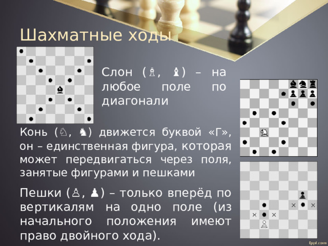 Шахматные ходы Слон (♗, ♝) – на любое поле по диагонали Конь (♘, ♞) движется буквой «Г», он – единственная фигура, которая может передвигаться через поля, занятые фигурами и пешками Пешки (♙, ♟) – только вперёд по вертикалям на одно поле (из начального положения имеют право двойного хода). 