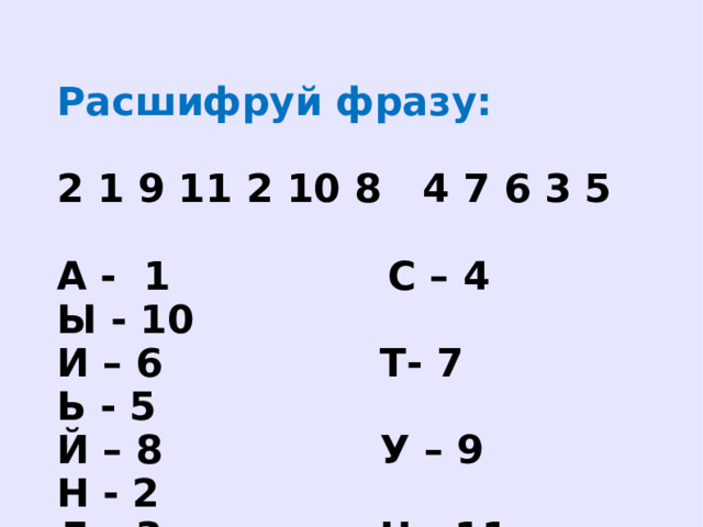 Расшифруй фразу:  2 1 9 11 2 10 8 4 7 6 3 5   А - 1 С – 4 Ы - 10 И – 6 Т- 7 Ь - 5 Й – 8 У – 9 Н - 2 Л – 3 Ч - 11 