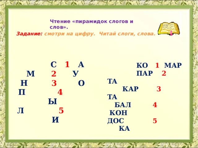 Чтение «пирамидок слогов и слов».   Задание: смотри на цифру. Читай слоги, слова.    С  1  А М 2 У Н 3 О П 4 Ы Л 5 И  КО  1 МАР  ПАР  2  ТА  КАР  3  ТА  БАЛ  4  КОН ДОС  5  КА 