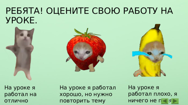РЕБЯТА! ОЦЕНИТЕ СВОЮ РАБОТУ НА УРОКЕ. На уроке я работал плохо, я ничего не понял На уроке я работал на отлично На уроке я работал хорошо, но нужно повторить тему 
