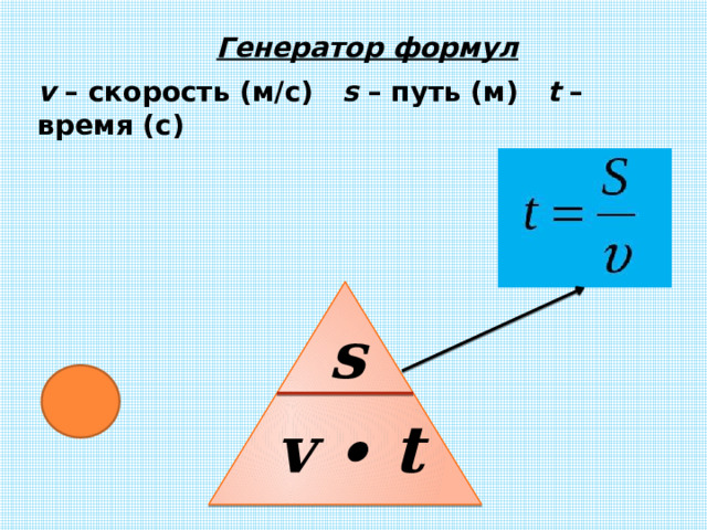 Генератор формул v – скорость (м/с) s – путь (м) t – время (с) s v ∙ t 