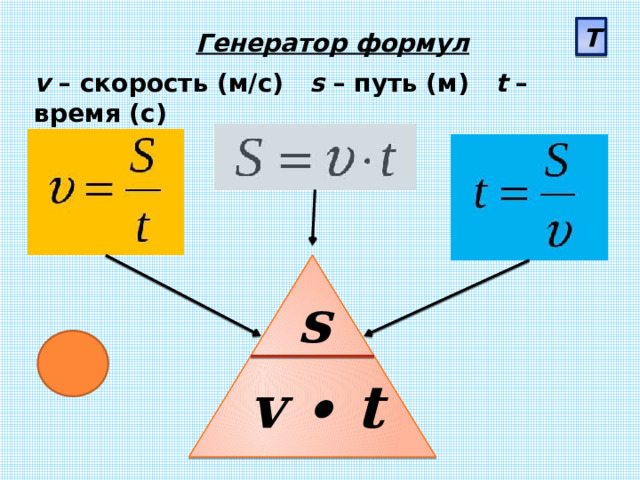 Т Генератор формул v – скорость (м/с) s – путь (м) t – время (с) s v ∙ t 