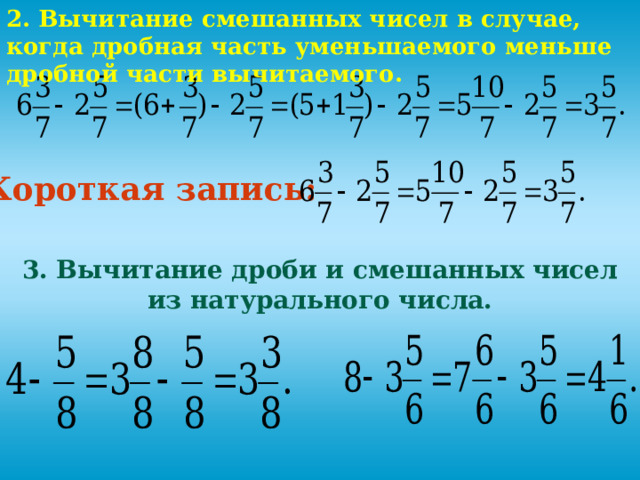 2. Вычитание смешанных чисел в случае, когда дробная часть уменьшаемого меньше дробной части вычитаемого. Короткая запись: 3. Вычитание дроби и смешанных чисел из натурального числа. 