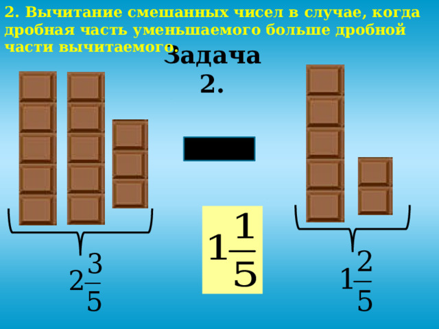 2. Вычитание смешанных чисел в случае, когда дробная часть уменьшаемого больше дробной части вычитаемого. Задача 2. 