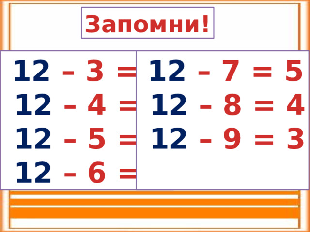 Запомни!  12 – 3 = 9  12 – 7 = 5  12 – 4 = 8  12 – 8 = 4  12 – 5 = 7  12 – 9 = 3  12 – 6 = 6  
