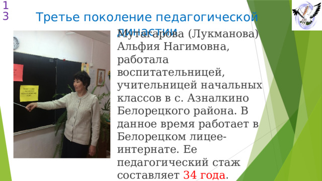  Третье поколение педагогической династии Мутагарова (Лукманова) Альфия Нагимовна, работала воспитательницей, учительницей начальных классов в с. Азналкино Белорецкого района. В данное время работает в Белорецком лицее-интернате. Ее педагогический стаж составляет 34 года . 