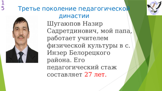  Третье поколение педагогической династии Шугаюпов Назир Садретдинович, мой папа, работает учителем физической культуры в с. Инзер Белорецкого района. Его педагогический стаж составляет 27 лет. 