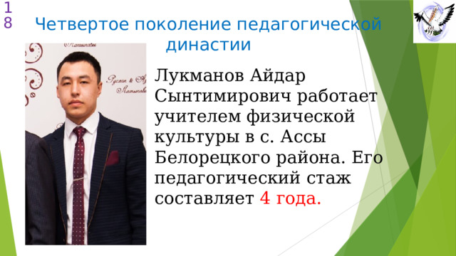  Четвертое поколение педагогической династии Лукманов Айдар Сынтимирович работает учителем физической культуры в с. Ассы Белорецкого района. Его педагогический стаж составляет  4 года. 