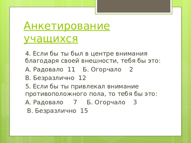 Анкетирование учащихся 4. Если бы ты был в центре внимания благодаря своей внешности, тебя бы это: А. Радовало  11    Б. Огорчало    2        В. Безразлично 12 5. Если бы ты привлекал внимание противоположного пола, то тебя бы это: А. Радовало     7     Б. Огорчало    3     В. Безразлично 15 